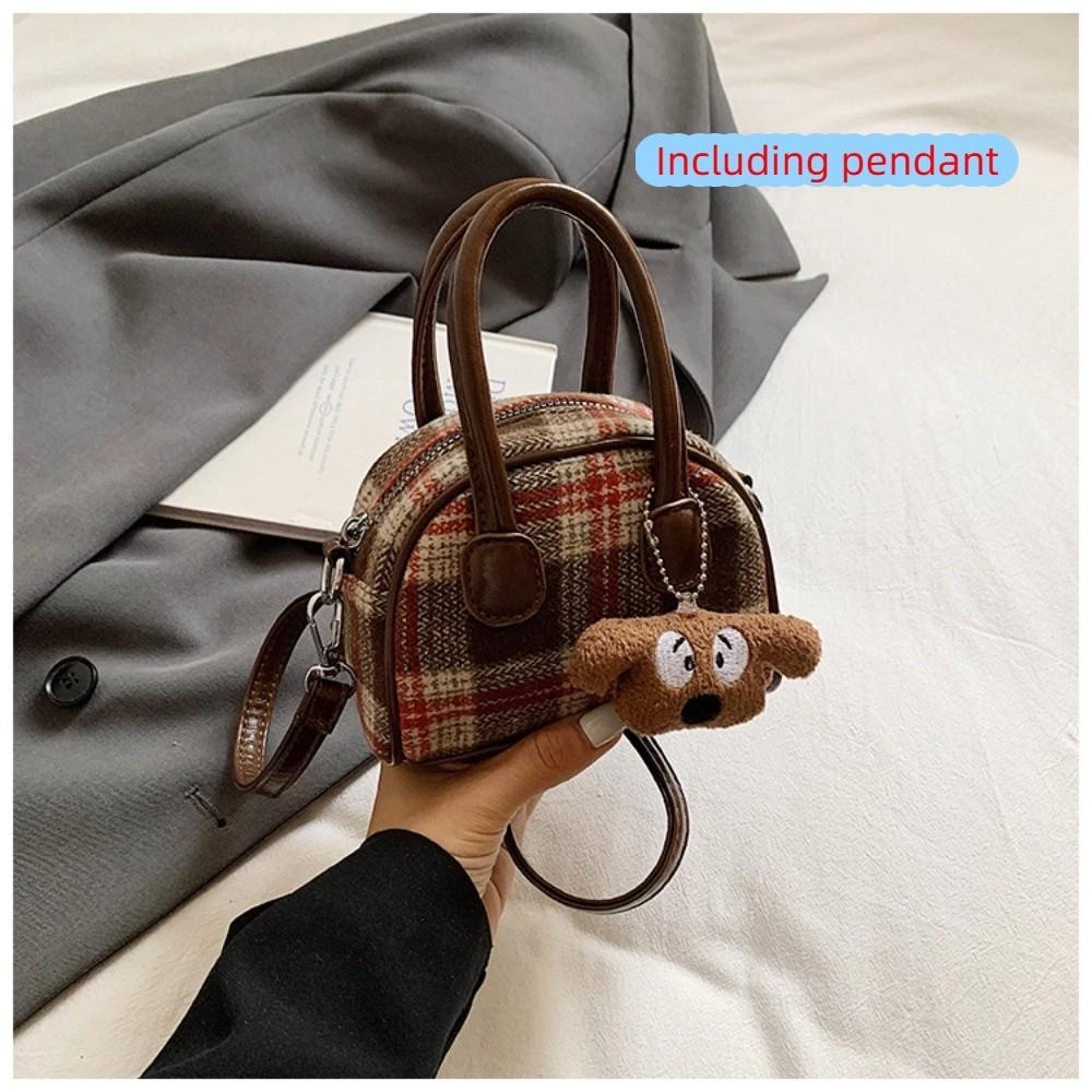 

Elegant Boston Shoulder Bag Cloth Women Handbags Fashion Woolen Plaid Bowling Bag Women коричневый