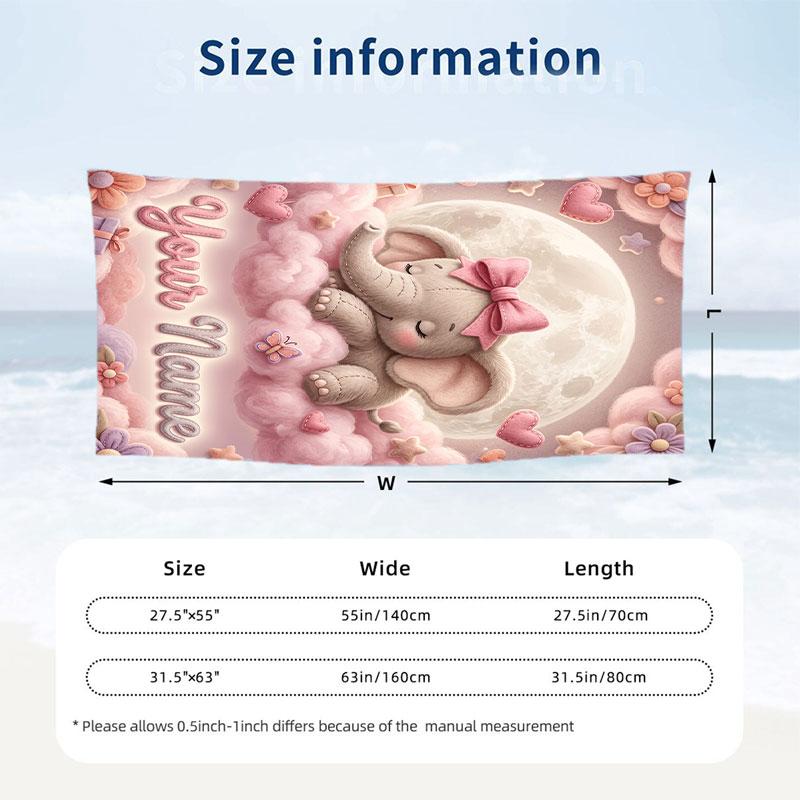 Elephant Theme Beach Towel Personalized Custom Name & Text Soft Quick Dry Beach Towel for Swimming Travel