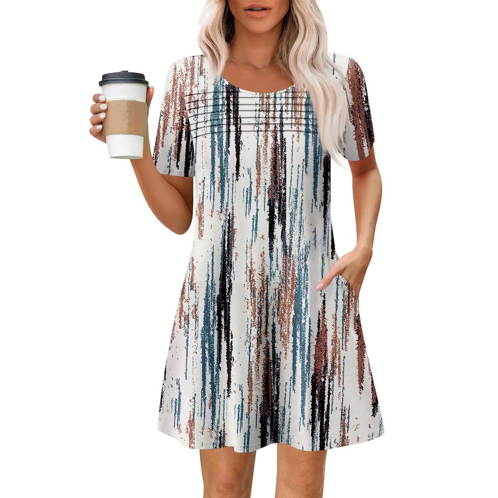Damen Sommer Casual Rundhals Plissee Mit Taschen Bedruckte Kurzarmkleider