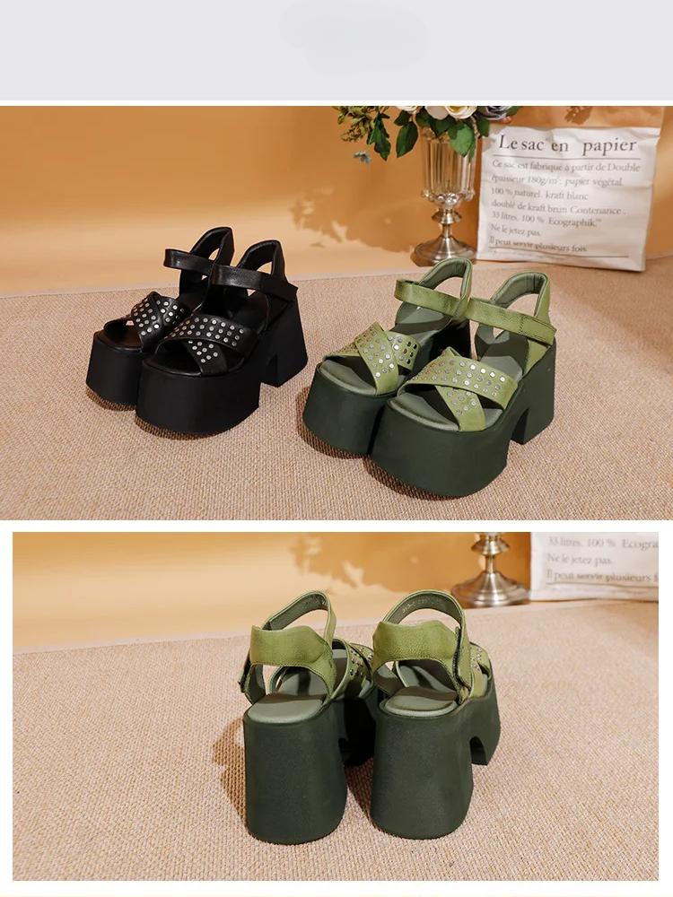 Johnature Genuine Leather Super High Heel Sandals Riveted Thick Soled Roman Women's Platform Shoes