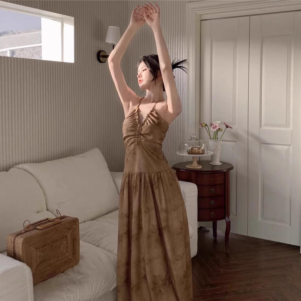 New Chinese-style Neck Sling V-neck Dress Women's Summer Backless Waist Sexy Long Dress Pure Desire Coffee Color A-word Skirt