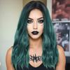 Womens Medium Part Long Wavy Wig Green Gradient Highlight Synthetic Full Fashionable Heat Resistant Any Face Shape