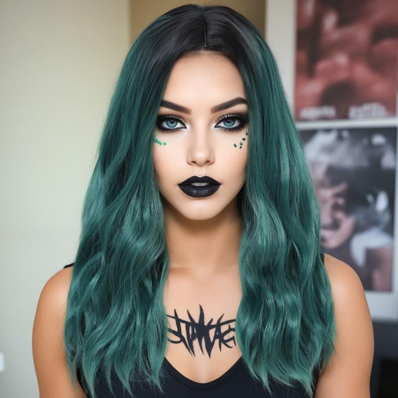 Womens Medium Part Long Wavy Wig Green Gradient Highlight Synthetic Full Fashionable Heat Resistant Any Face Shape