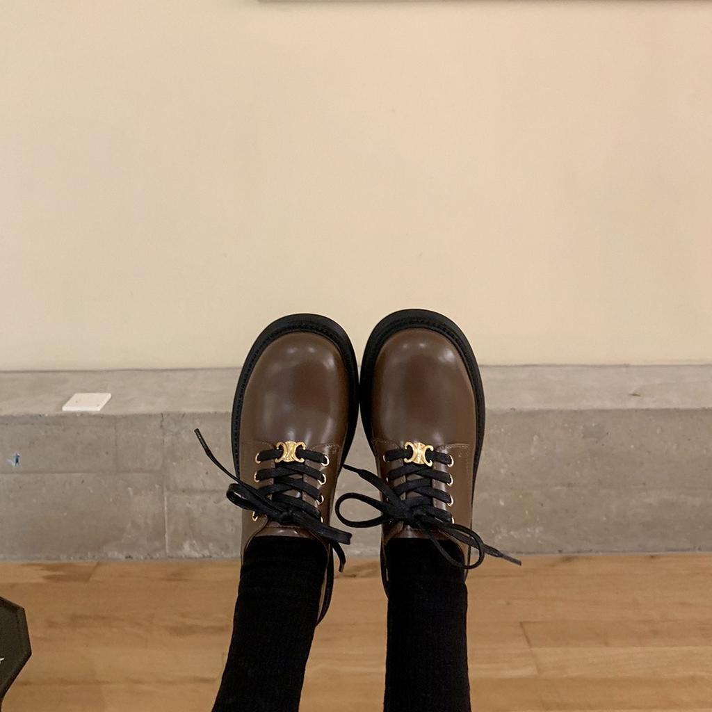 Sheepskin version~ Genuine leather British style round head loafers women's small gold buckle college style genuine leather thick-soled small leather