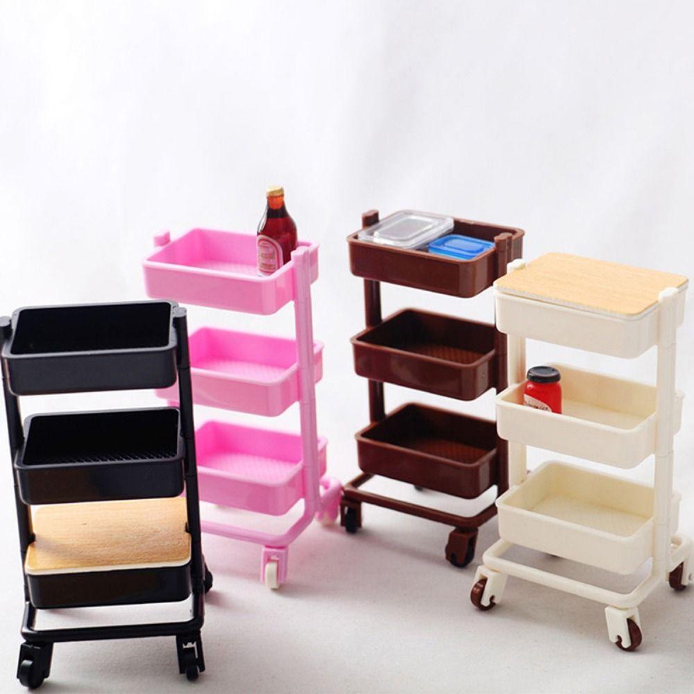 With Wheel 1:12 Dollhouse Trolley Plastic Storage Shelf Model  Kitchen Furniture Accessories