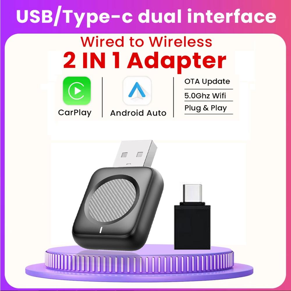 2 IN 1 Wired to Wireless CarPlay Android Auto Adapter USB Dongle Smart Mini Box Plug & Play For VW Toyota Nissan Honda Ford Benz