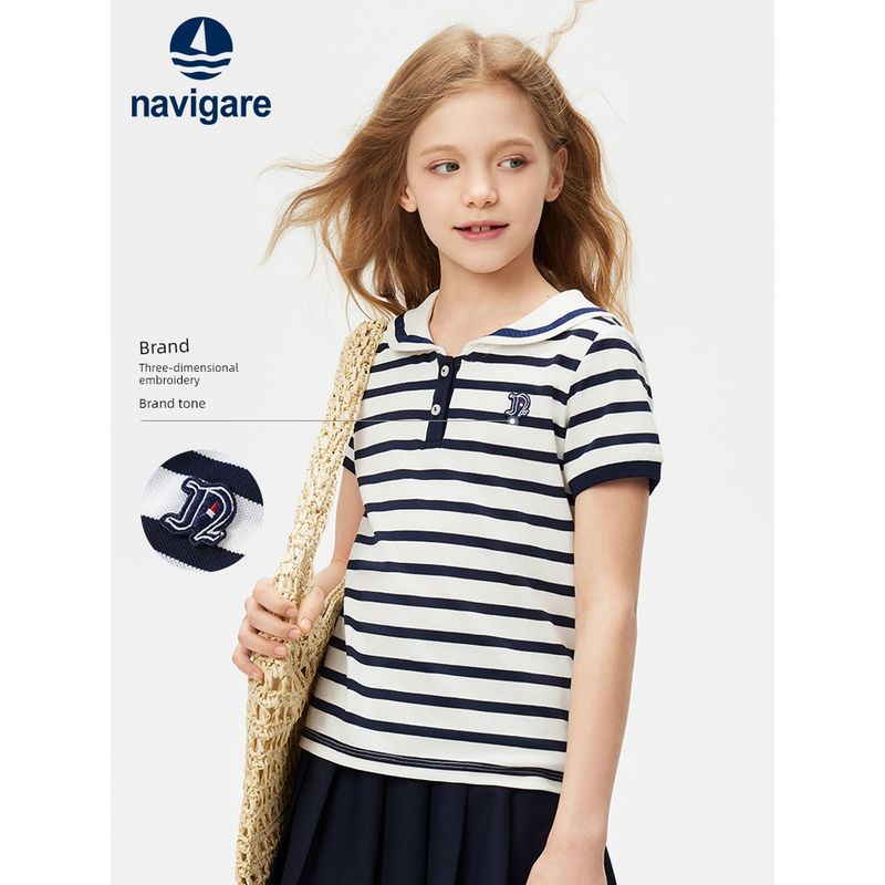 Navigare Italian Sailboat Children's Clothing Girls' Polo Shirt 2026 Summer Thin Children's Striped Top