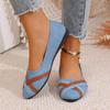 Women's Denim Slip-On Flats, Round Toe Cross Strap Loafers, Plus Size Casual Work Shoes