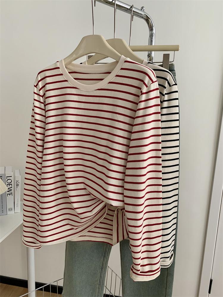 Korean Style Plus Size Striped Round Neck Long Sleeve T-shirt for Women - Autumn Winter Casual Loose Pullover
