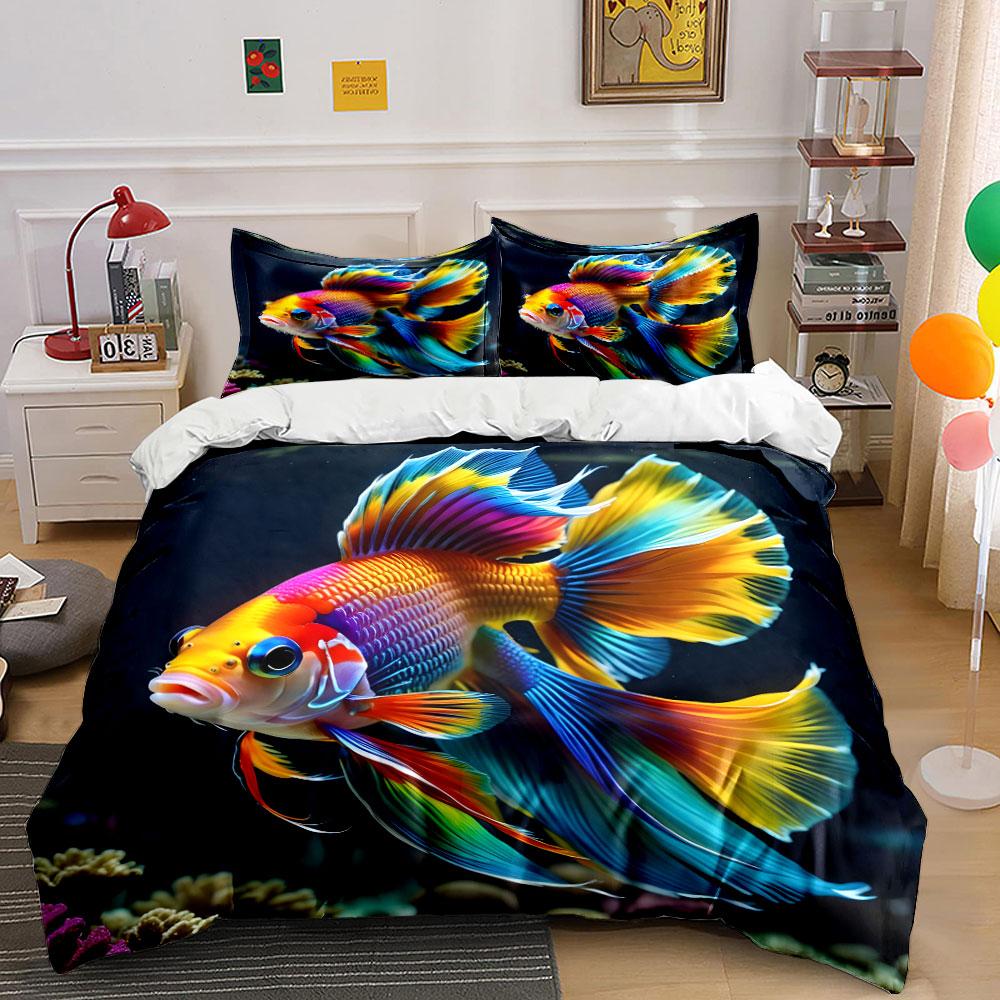 Colorful Fish Trio Decor Set Soft Skin-Friendly Bedding Set Includes 1 Duvet Cover And 2 Pillowcase Gift