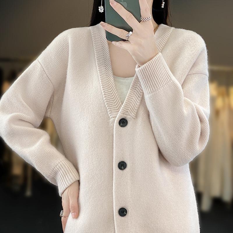 Women's Solid Color Wool Cardigan: Loose Knit, Thickened Outerwear, Versatile Lazy Layer Top for 2024