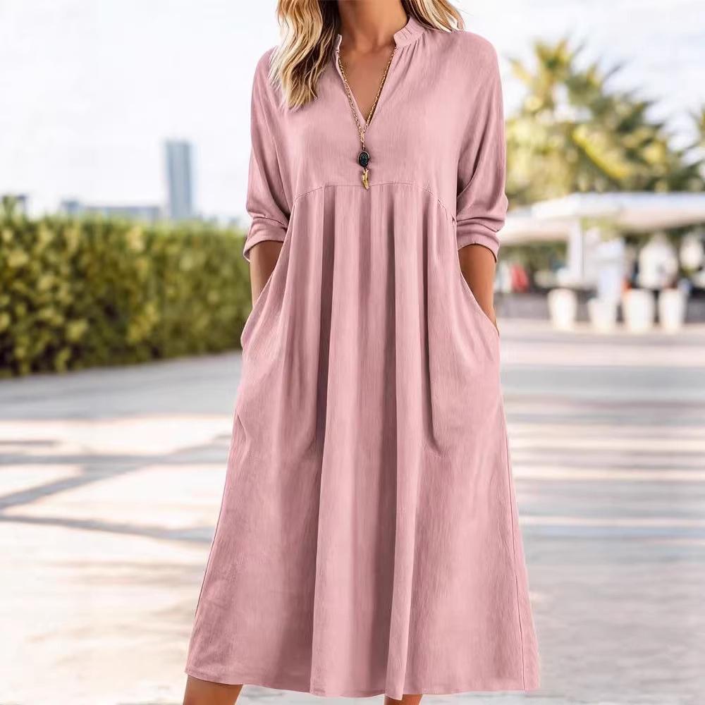 2029 Spring Women's Retro V-neck Cotton Linen Dress with Pockets