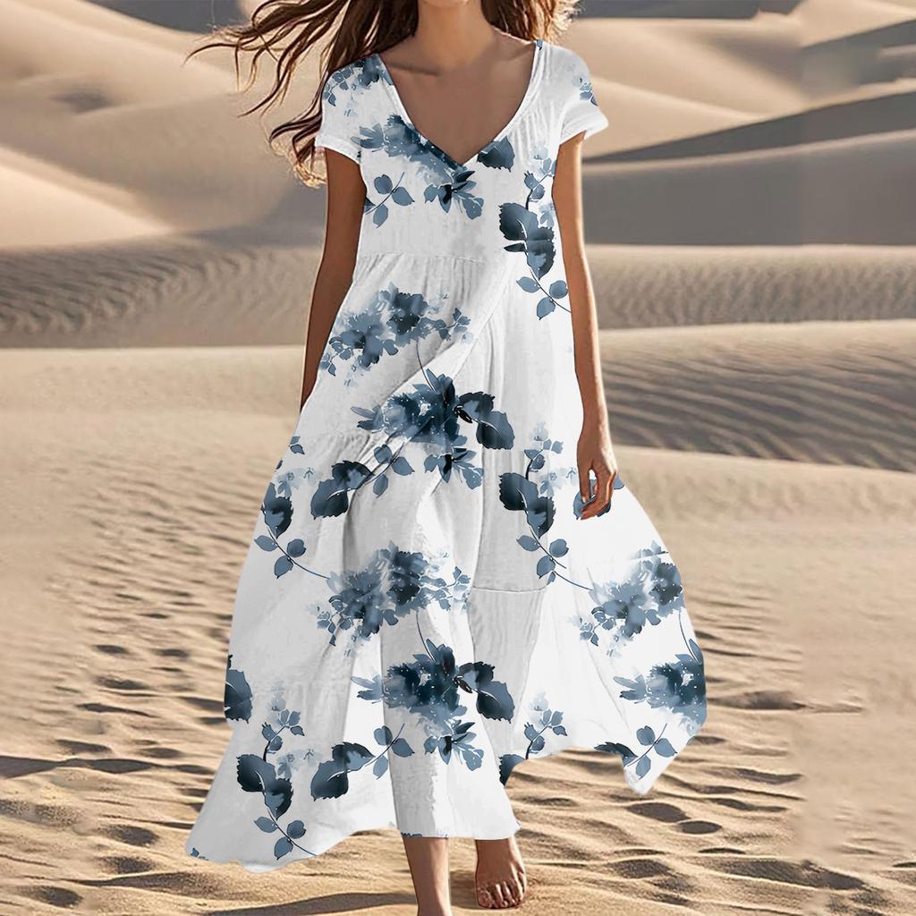 Damen Sommer Mode V-Ausschnitt Strand Lang Kurzarm Kleider mit Blumendruck