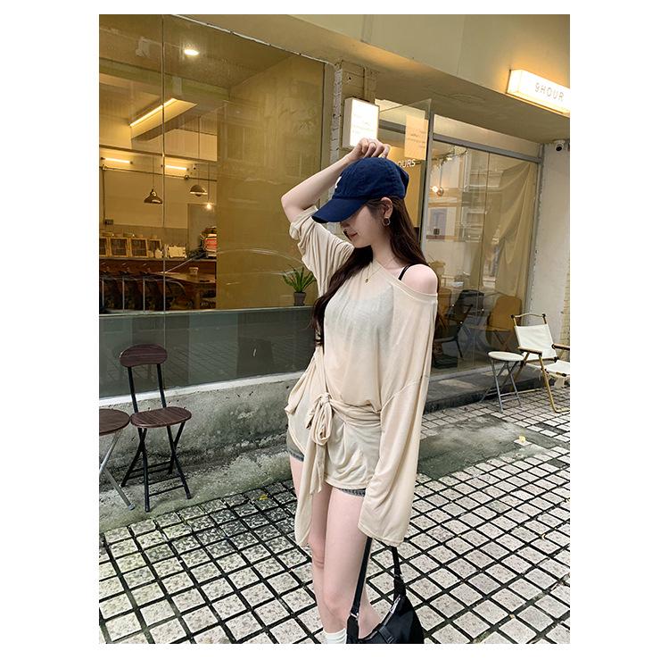 Korean Style Tie-Waist Long-Sleeved Off-Shoulder T-Shirt for Women - Autumn Edition