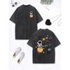 Cartoon Astronaut Space Adventure Prints Washed T-Shirt Womens Cotton Oversized Tops Distressed O-Neck T Shirt  Clothes