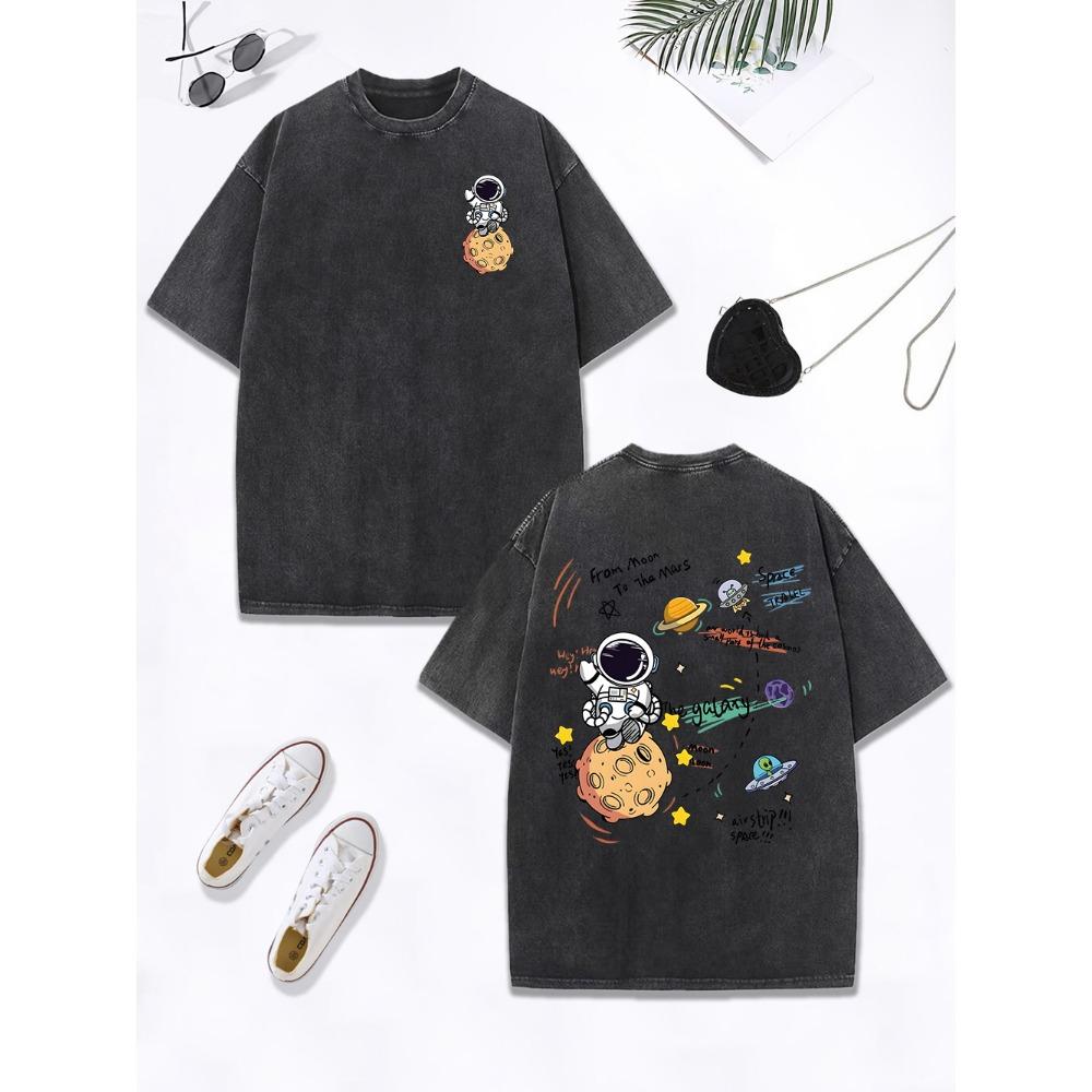 Cartoon Astronaut Space Adventure Prints Washed T-Shirt Womens Cotton Oversized Tops Distressed O-Neck T Shirt  Clothes