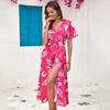 Women Summer High Waist A Line Dress Ethnic Printed Short Sleeve Lace Up