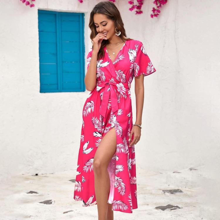 Women Summer High Waist A Line Dress Ethnic Printed Short Sleeve Lace Up