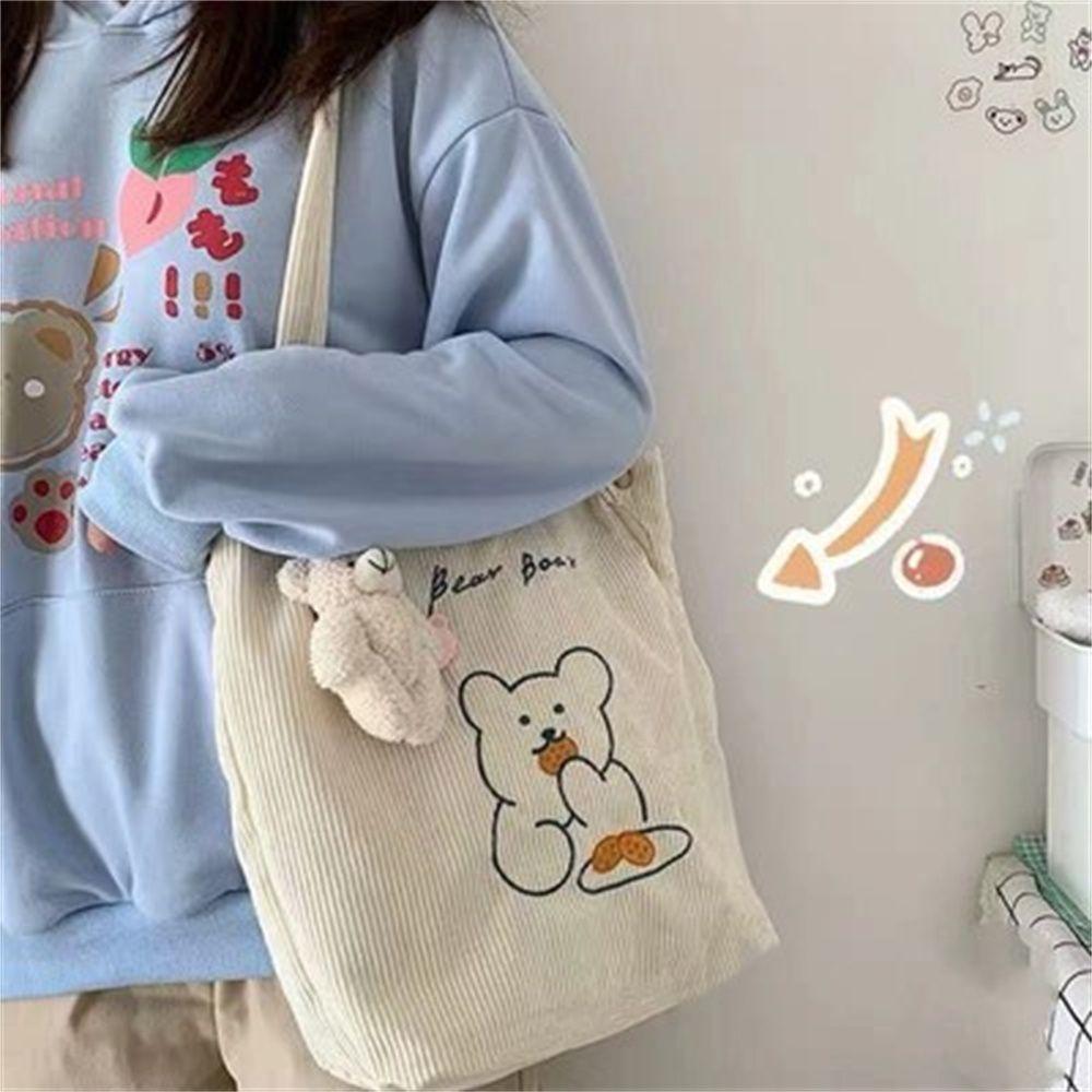 Women Corduroy Shoulder Bag Bears Embroidery Striped Canvas Handbag Eco Cloth Tote Cute Soft Shopping Bags For Ladies Animal Bag