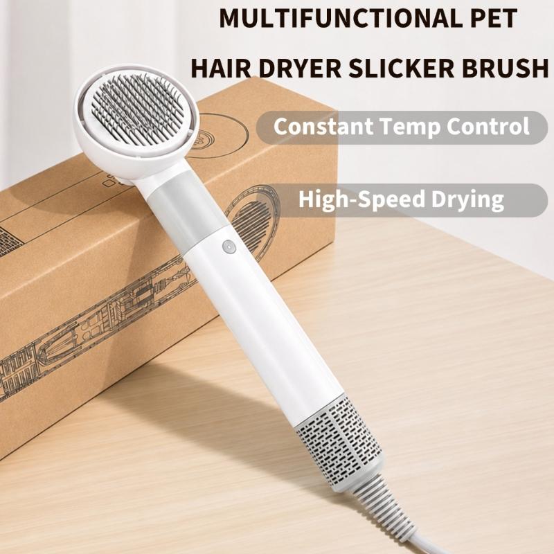 Adjustable Pet Blow Dryer Brush with 3 Temperature Setting, Blue, Yellow, and Red Indicators Light, Low or High Airflows, and Styling Nozzles