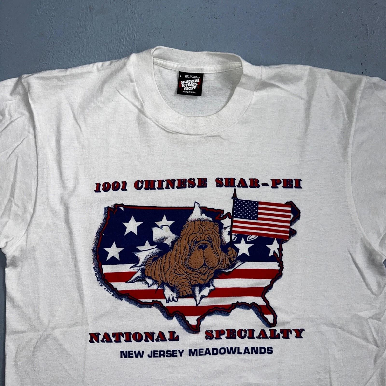 

Chinese Shar Pei USA VTG T Shirt 1991 New Jersey Flag Animals Love Cute Dog L