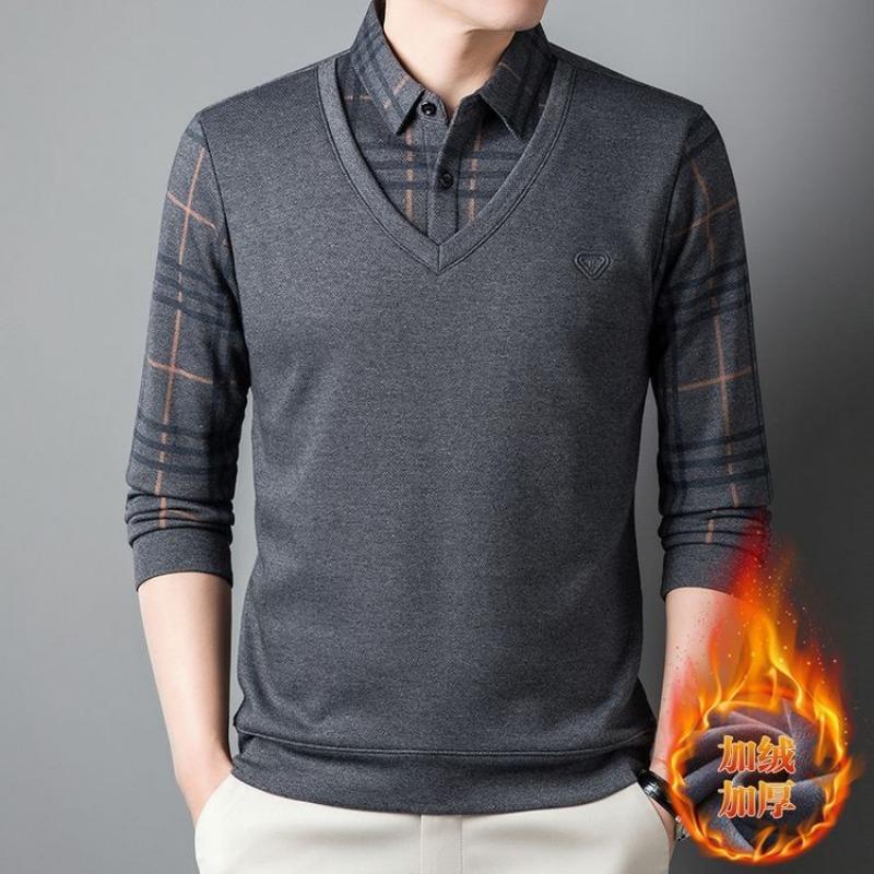 Men Fake Two Pieces Polo Shirts With Fleece Warm Winter Wear Casual Business Long Sleeve T-Shirts Autumn Clothing For Wholesales