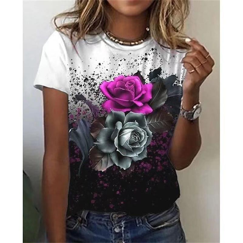 Women's T-shirt with flower print T-shirt top, girls' clothing, summer short sleeved T-shirt, V-neck casual holiday women's T-shirt