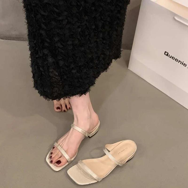 Summer Leopard Square Toe Women Slippers Elegant Low Heel Slide Ladies Outdoor Beach Dress Sandalias