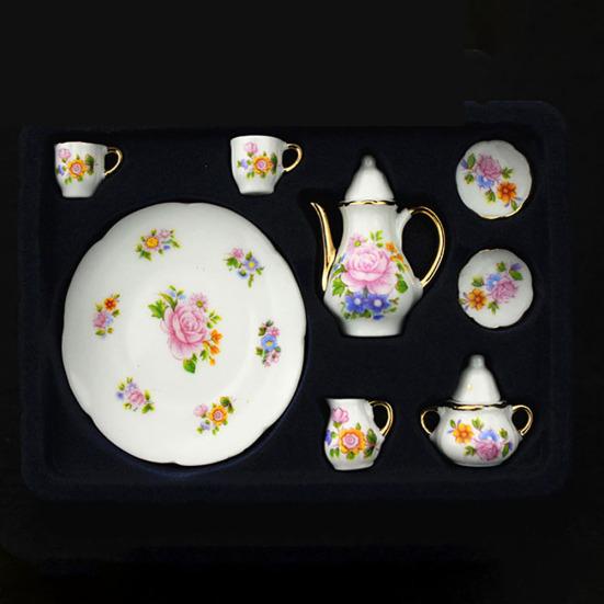 European Miniature Flower Ceramic Teapot Cup Set Dollhouse Pretend Play Toy
