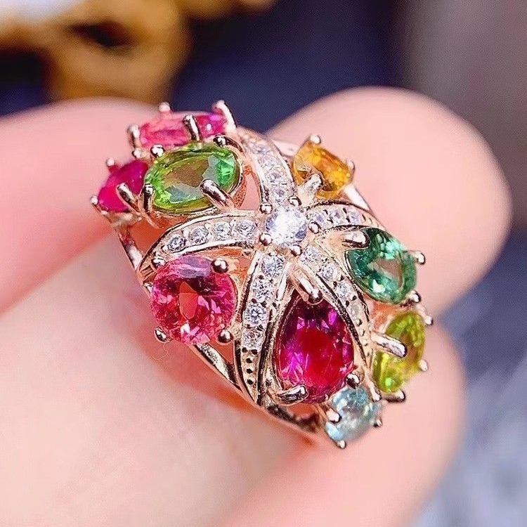 Creative Design Diamond Studded Candy Colored Gemstone Rings for Women Fashion Water Droplet Flower Ring Wedding Jewelry Gift
