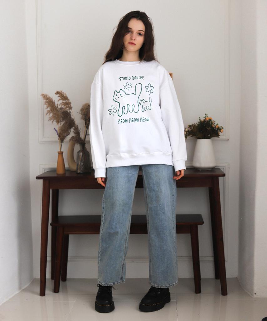 BONIEE [Fleece Lined Selection] Meow Cat Kitten Oversized Sweatshirt White