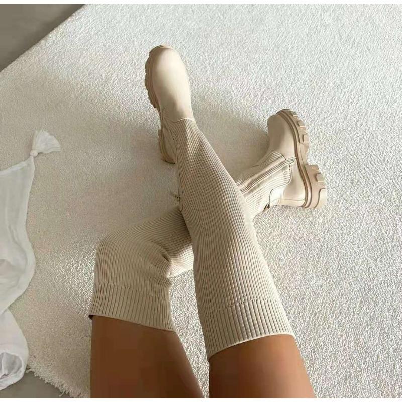 Autumn and winter thick-soled over-knee boots women's elastic fly-woven wool high boots round-head breathable single shoes