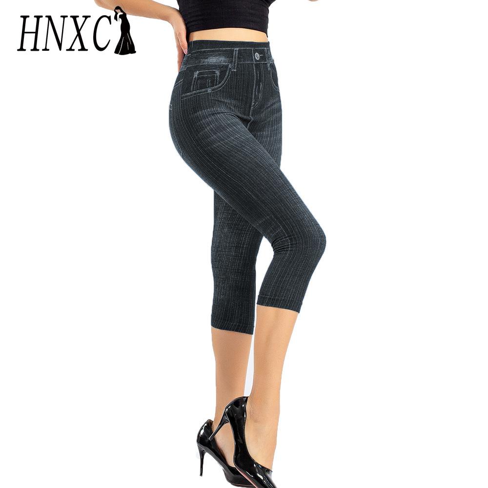 

HNXC Женские леггинсы с джинсовым принтом, модные облегающие леггинсы, леггинсы под джинсы, короткие леггинсы с принтом, брюки XXXL чёрный