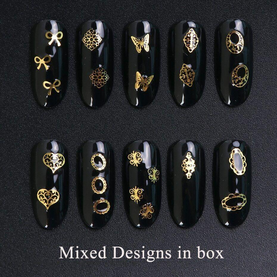 Decorazione vintage con fascino per nail art, paillettes, fiori, farfalle, in metallo dorato, vintage