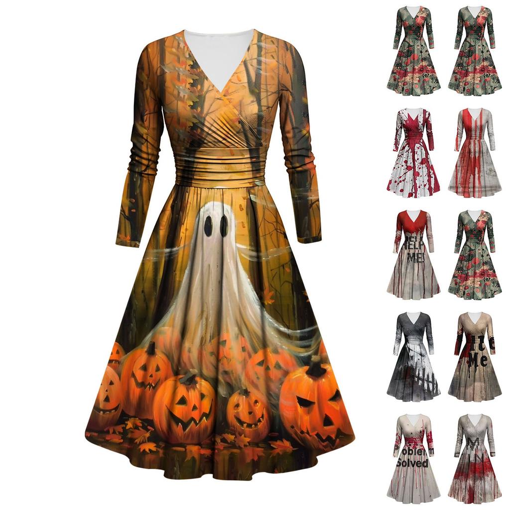 Kvinners mote V-hals Ruffle Langermet Halloween Print Slim Fit Gown Casual Dress
