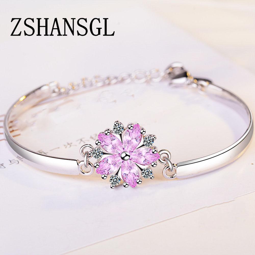 Genuine Female Bracelet Sterling Plata Pink Daisy Flower Zircon Crystal Women Bracelet Fashion Bracelet Making Gift