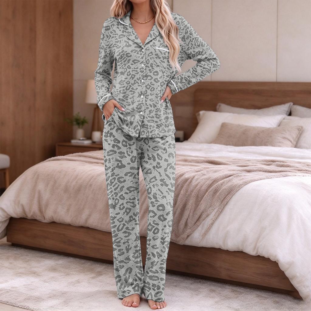 Women's Printed Pajama Set Long Sleeve V-Neck Button-Up Top and Pants with Pockets for Loungewear