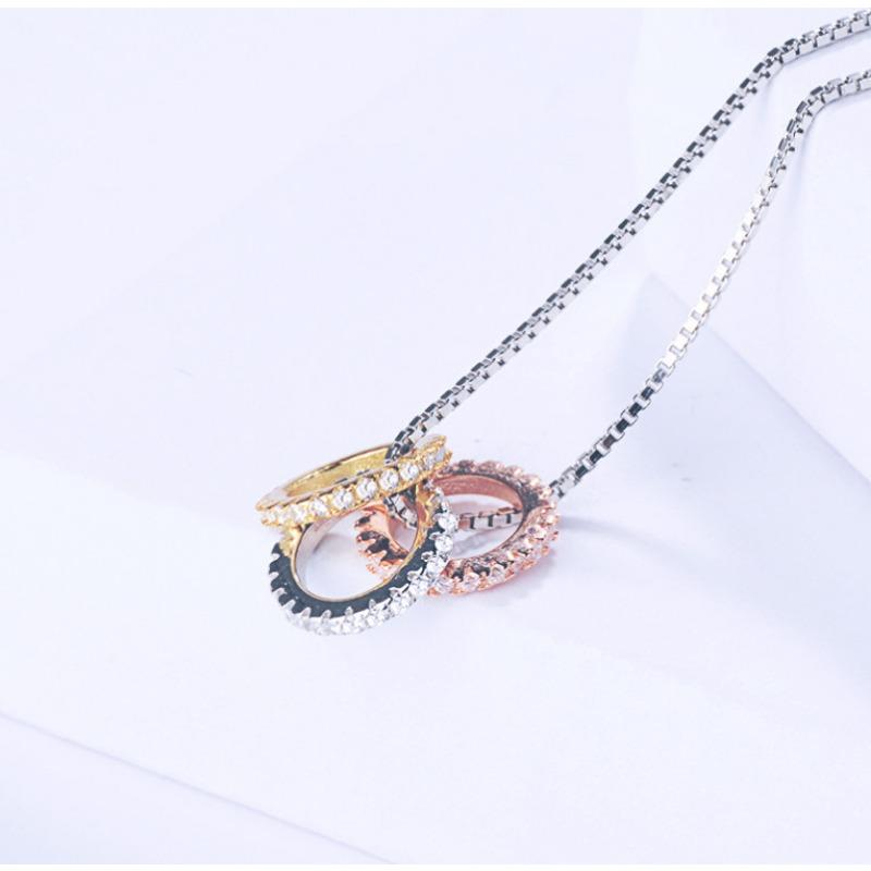 S925 Sterling Silver Necklace Women's Fashionable Korean-Style Three-Color Circle Full Diamond Necklace Box Necklace Silver Jewelry Necklace
