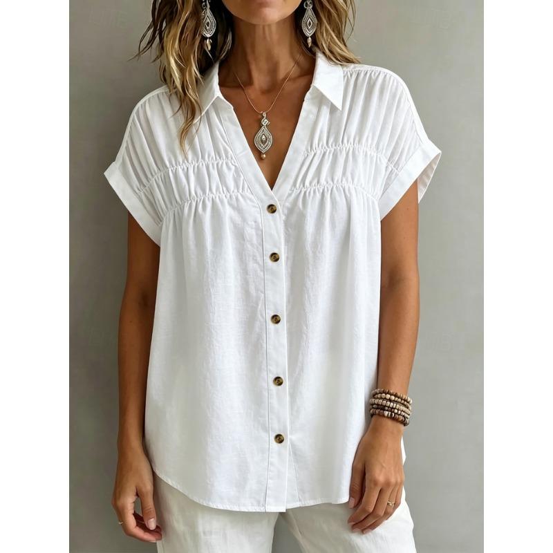 V Neck Loose Solid Button Pleated Short Sleeve Women Casual Blouse
