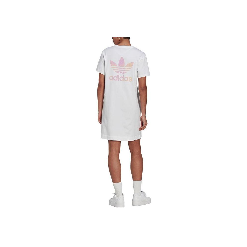 adidas Originals Solid Color Logo Print Round Neck Short Sleeve Dress Women Dress White HL6613