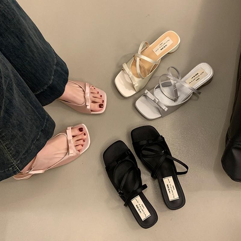 Women Slippers Summer Fashion Butterfly-knot Satin Women Slipper Slip On Ladies Sandal Thin High Heel Outdoor Dress Slides Shoes