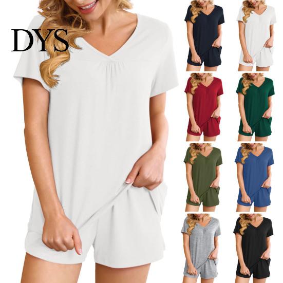 Women Summer Clothes 2 Pcs/Set Pajamas Suit V Neck Short Sleeve Sleepwear Set Casual Two-piece Outfit Homewear Top Shorts Loose Sport