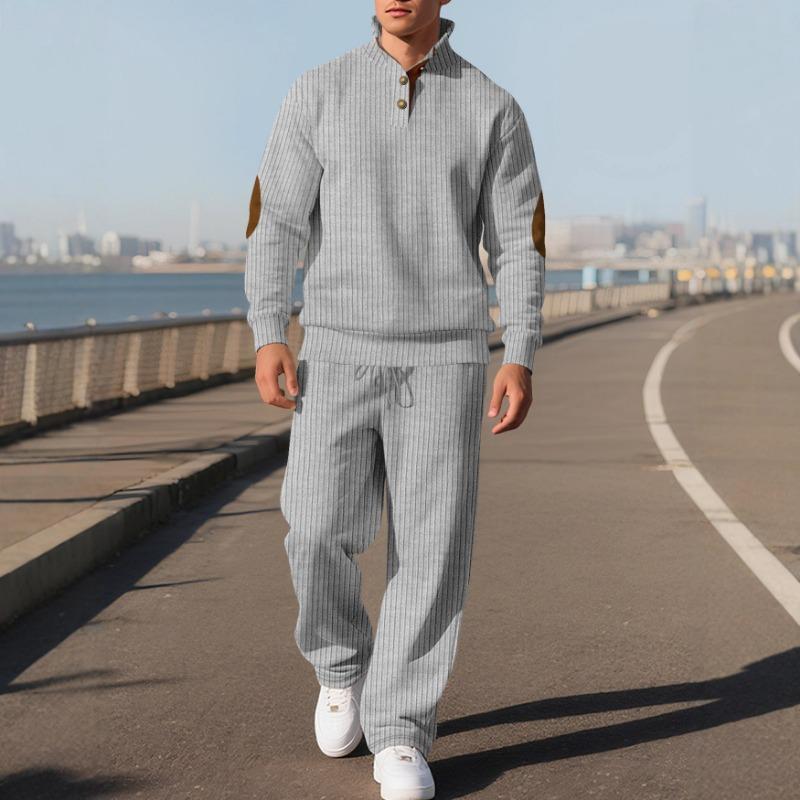 Men's Casual Long Pants with Stand Collar, Versatile Jacquard Stripe Knitwear Autumn Set