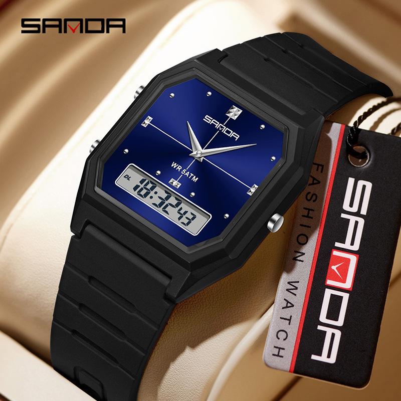 Sanda Waterproof Square Alarm Watch - Luminous Chronograph Sports Wristwatch for Students