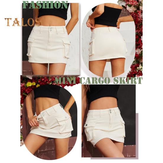 Mini fustă de blugi pentru femei Fusta cargo cu talie joasă cu buzunar, culoare solidă, cu buton, fermoar, fustă scurtă, îmbrăcăminte de stradă