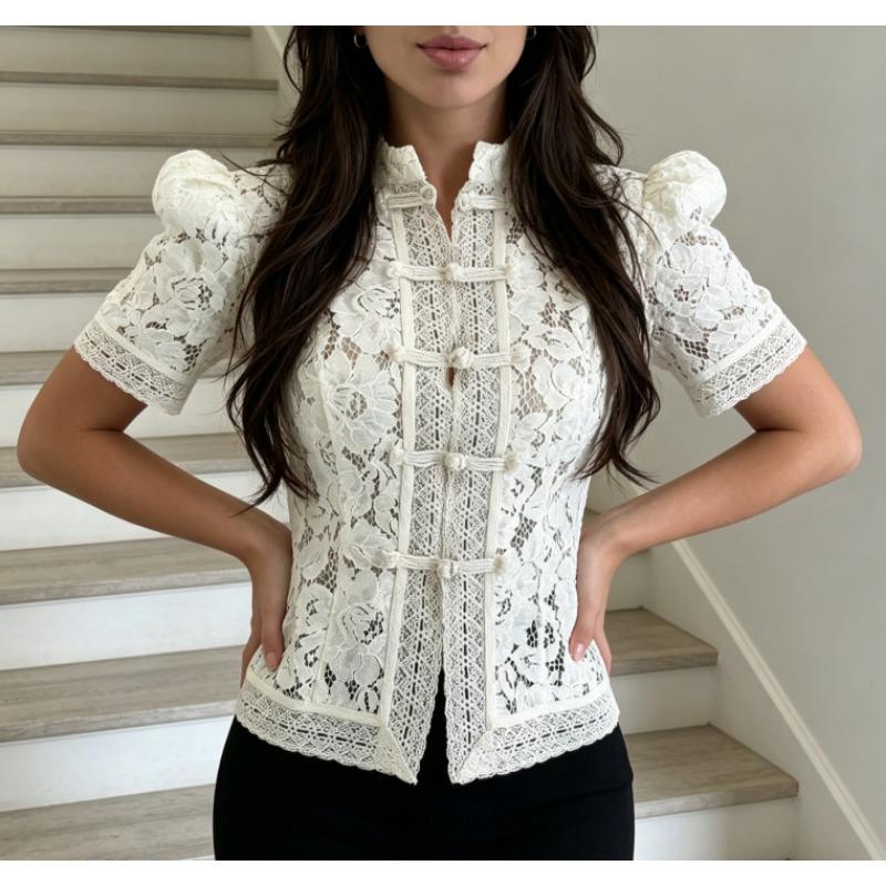 Women Spring Summer New Lace Crochet Stand Collar Slim Fit Blouse Stylish Elegant Commuter Design Shirt
