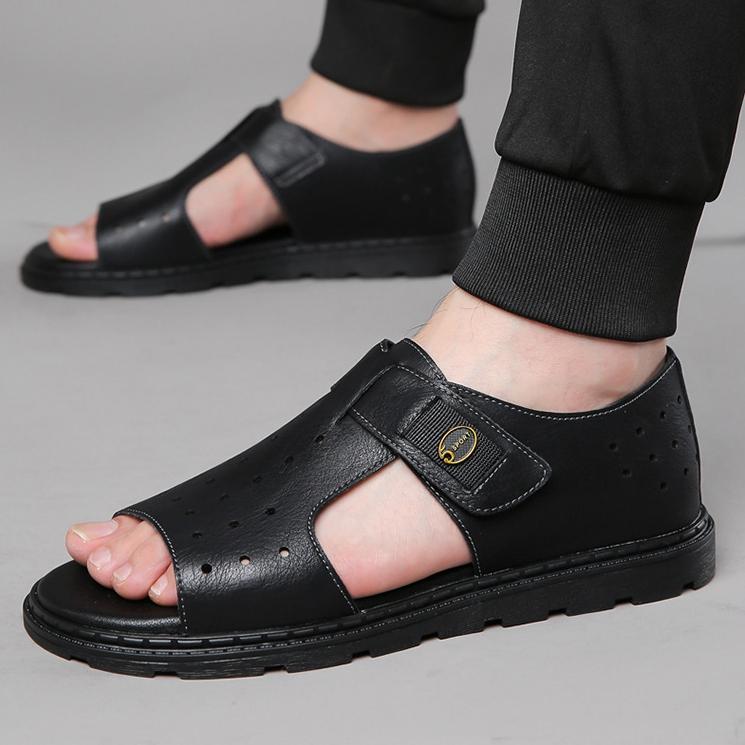 Men's Leather Perforated Sandals Adjustable Strap Breathable Summer Casual Shoes