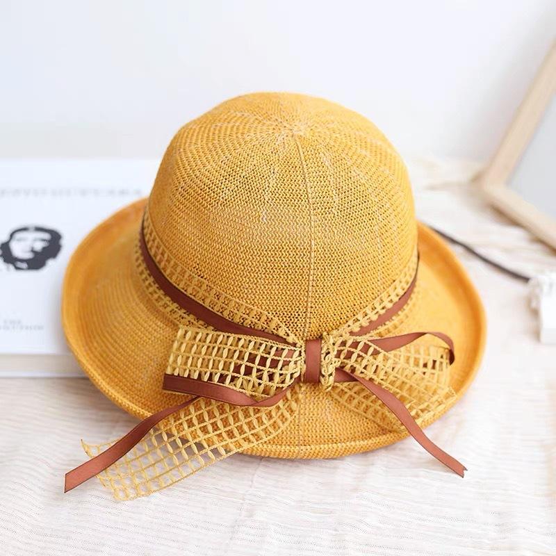 Retro elegant bow ribbon crimped basin hat dome top hat shading breathable fisherman straw hat women's summer