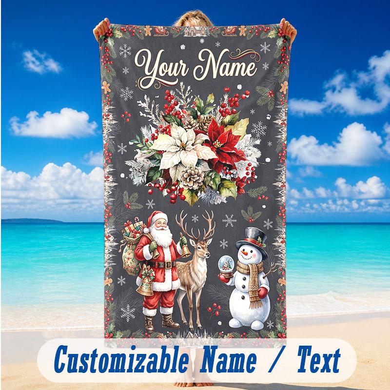 Christmas Theme Beach Towel Personalized Custom Name & Text Soft Quick Dry Beach Towel for Swimming Travel