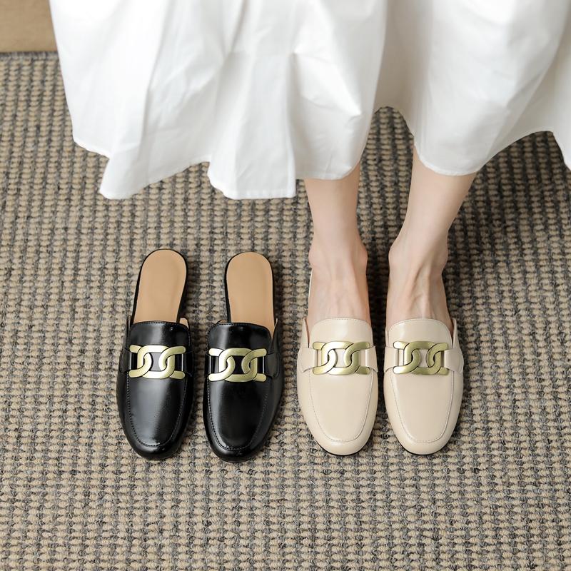 Fashion Women's New Spring/Summer Round Head Metal Buckles with Genuine Leather Comfortable Mid Heel Baotou Muller Slippers 44 45 46